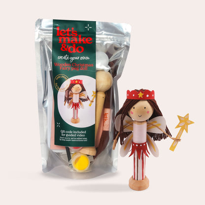 Childrens peg doll kit with packaging labelled 'let's make & do' on a white background