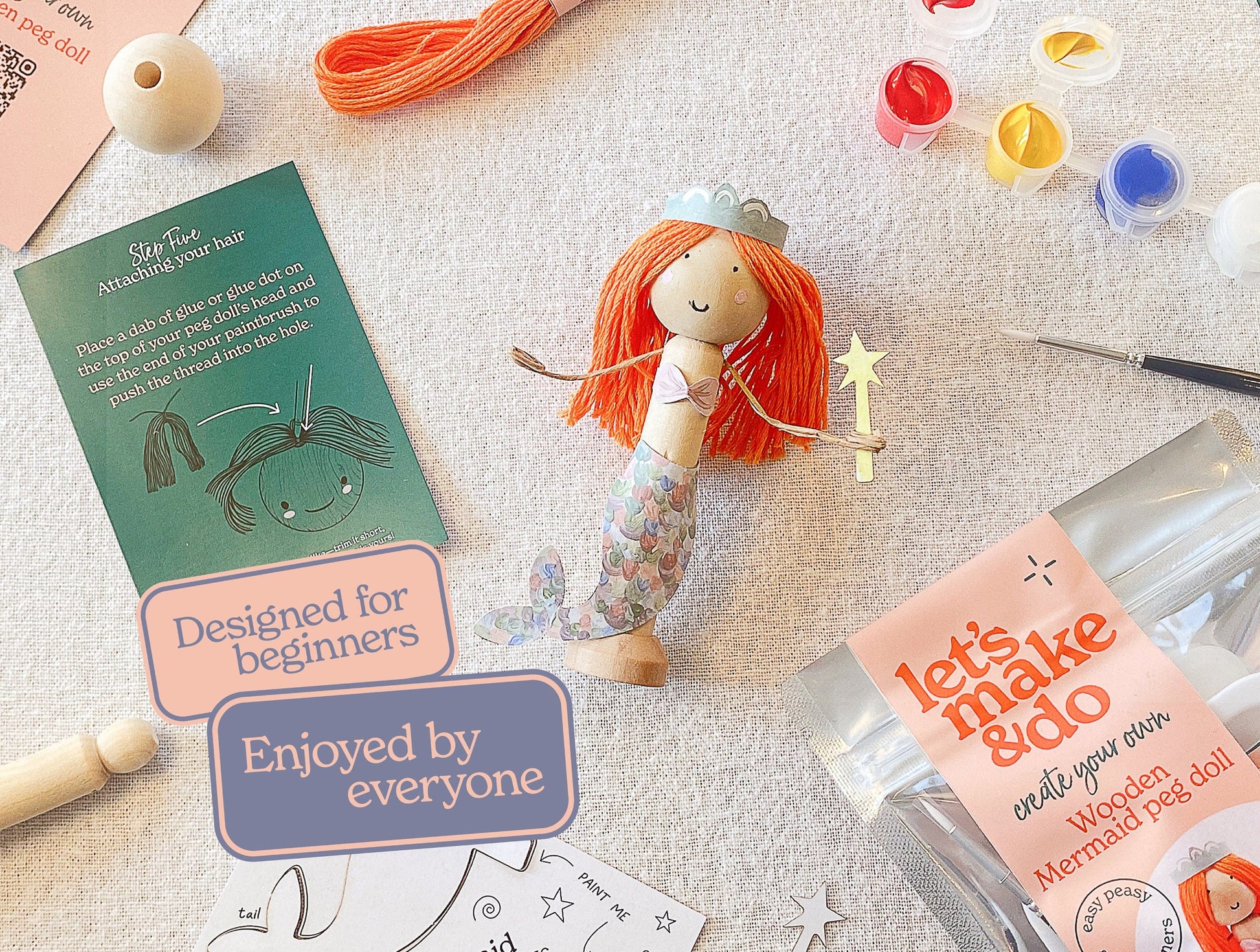 Let's Make & Do  Create Your Own Mermaid Wooden Peg Doll Kit