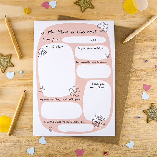Let's Make & Do Fill-in Mum Keepsake Card | Just Add Colour Birthday Card for Kids